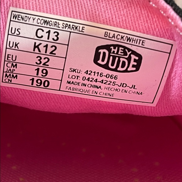 HEY DUDE Wendy Youth Cowgirl Sparkle Black & White Slip On Shoes Size 13c NEW - Picture 13 of 16